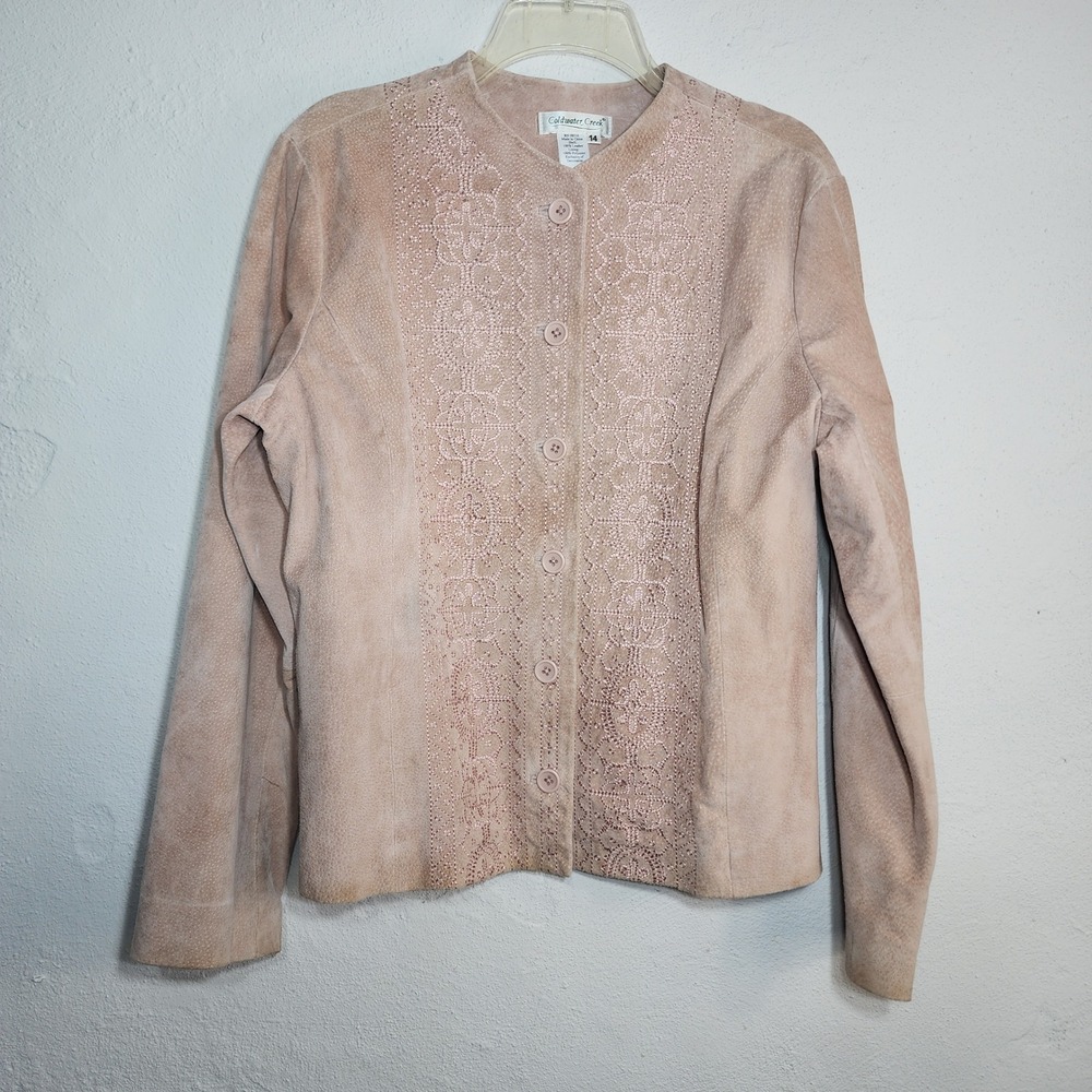 Coldwater Creek Jacket 14 Leather Blush Pink Embroidered Suede Boho Button Front